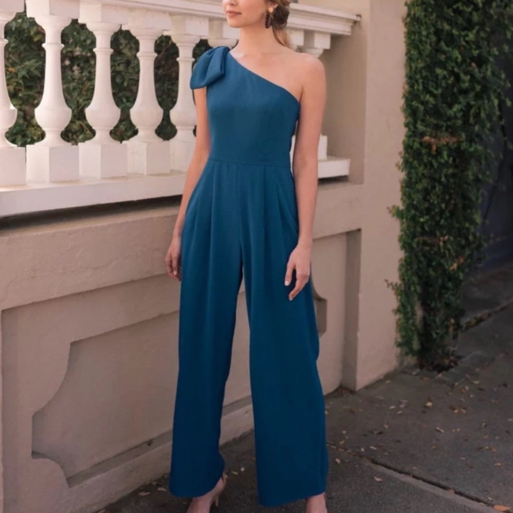 Gal Meets Glam Blue Sylvia One Shoulder Bow Jumpsuit, 4